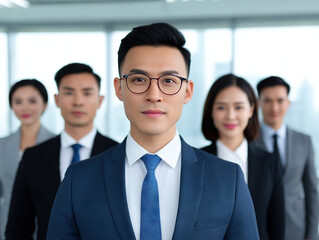 Group of confident professionals in formal attire standing in office setting, showcasing teamwork and leadership