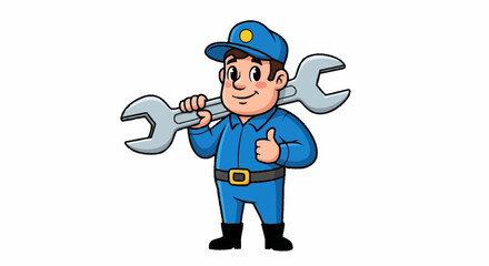 Friendly cartoon mechanic gives a thumbs up while holding a wrench, perfect for automotive service ads or educational materials for kids learning about tools