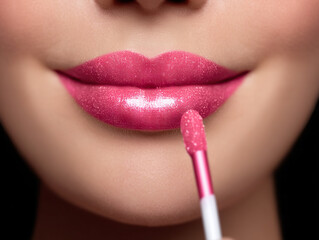 Close up of woman applying glossy pink lip gloss to her lips, showcasing smooth and shiny texture