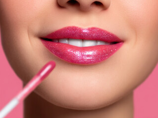 Close up of woman smiling while applying shiny pink lip gloss, showcasing smooth lips and vibrant makeup