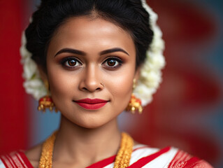 Woman wearing traditional attire with red and white saree, gold jewelry, floral hair accessories, and confident expression