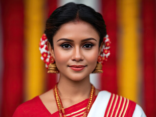 Woman wearing traditional attire with red and white sari, gold jewelry, and floral hair accessories, exuding elegance