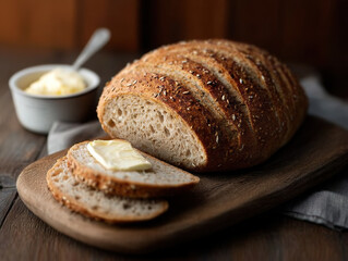 Freshly baked whole grain bread loaf with buttered slices on wooden board, evoking warmth and comfort