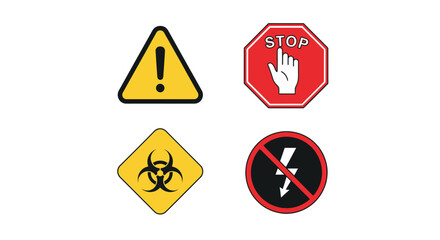 Collection of warning signs including stop hazard biohazard and electrical