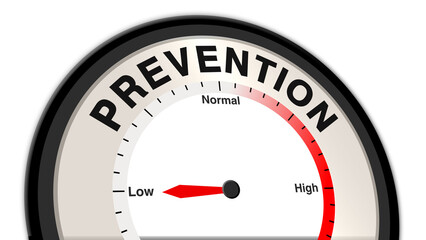 Prevention at low priority displayed on a barometer or tachometer, indicating basic precautions, manageable risks, and the need for ongoing monitoring and periodic health awareness