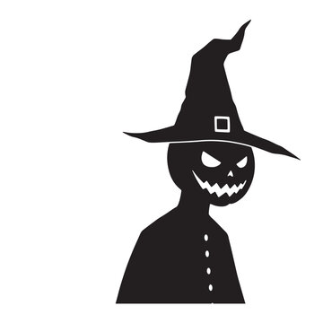 Silhouette of a grinning pumpkin character in a witch hat