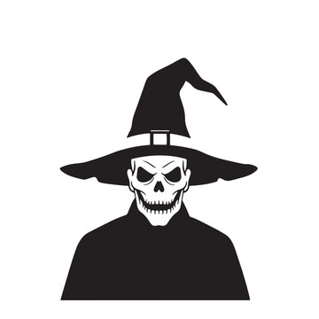 Skull in witch hat with glowing eyes and sharp teeth