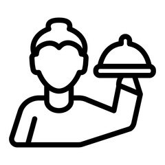 Waiter girl with dish line icon, cooking concept. Vector graphics. Woman and tray in her hand, food service sign on white background, style icon mobile or web design.