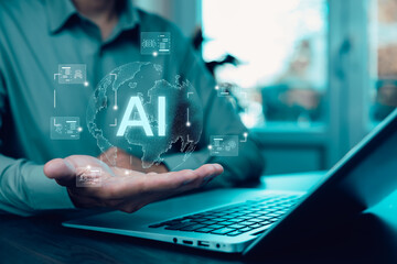 Programmer people working laptops or smartphones with AI, artificial intelligence software engineer coding on laptop computers with technology icons and binary code, big data, Ai bot digital machine