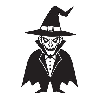 Spooky cartoon vampire in a witch hat and cape halloween