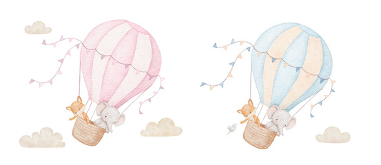 Watercolor isolated illustration, Hot air balloon with cute baby animals and flags in clouds. Fox and elephant, drawing for poster or gender card © Elena