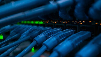 Network cables connected to a server, illustrating data transfer and network connectivity. The image has a futuristic and techy vibe. 