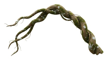 Close-up of a twisted vine with moss and lichen, arching against a white background.