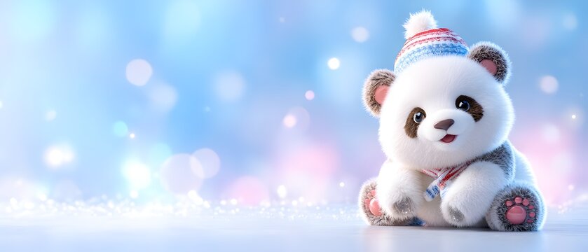 A white stuffed panda bear with a red and blue hat