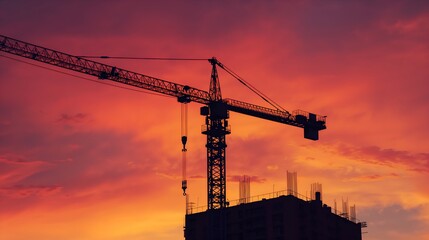A striking silhouette of a construction crane against a fiery sunset, symbolizing progress and industry