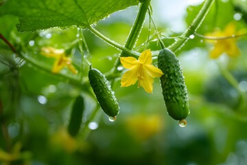 Fresh cucumbers on vine with yellow blossoms and water drops.
