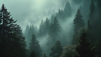 Misty pine forest in the mountains at dawn.
