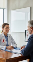Woman doctor with red ribbon talking with patient about health in office. Consultation.