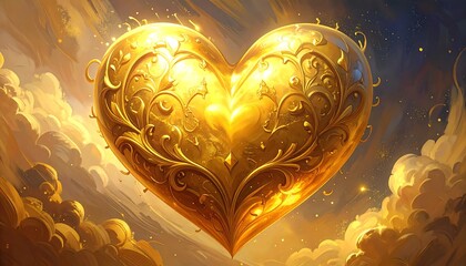 A luminous, golden heart with ornate floral filigree floats amidst soft clouds and a radiant sky, evoking feelings of love and warmth