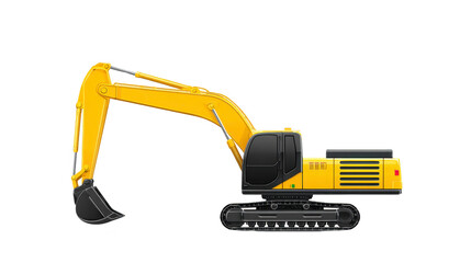 Yellow excavator construction vehicle heavy equipment industrial machine with black tracks and large digging bucket isolated on transparency background, side view illustration