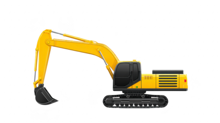 Yellow excavator construction vehicle heavy equipment industrial machine with black tracks and large digging bucket isolated on transparency background, side view illustration