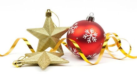 Festive christmas ornaments including gold stars and a red bauble with snowflakes on a white background creating a holiday season celebration image