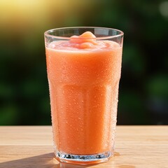 Cold tropical smoothie in a glass with condensation, bright orange color, served on wooden surface outdoors, ideal for summer drink ads, health blogs, juice bar menus, detox recipes