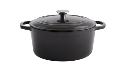 Elegant black cast iron pot with lid, perfect for gourmet cooking