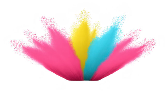 Colorful powder explosion with vibrant pink, yellow, and blue hues creates dynamic burst effect, symbolizing celebration, energy, and creativity on transparent background