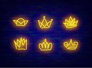 Golden crowns neon icons collection. Hand drawn hat symbols and queen headwear. Vector stock illustration