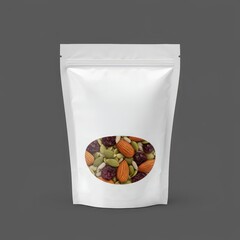 White resealable package filled with healthy trail mix containing almonds, pumpkin seeds, sunflower seeds, and dried cranberries on gray background.
