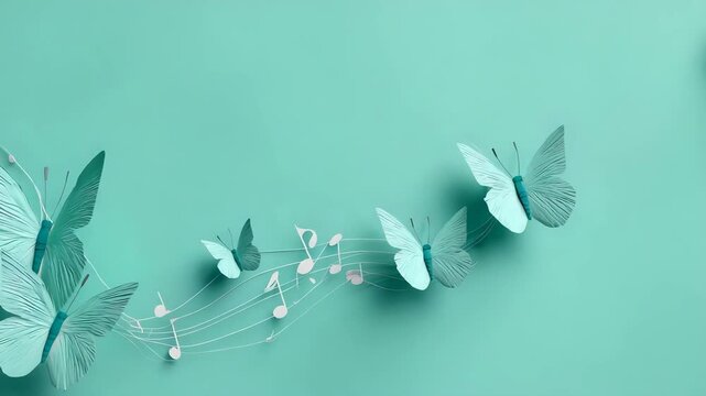 Butterfly with musical notes following its path flying across mint green background, joyful rhythm and clean visuals