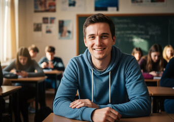 Fototapeta premium Smiling young man in blue hoodie looks confidently at camera in classroom setting with blurred students in background