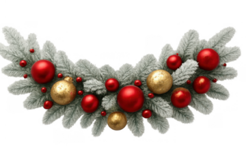 Christmas garland decoration with frosted pine branches, red and gold baubles, creating festive holiday border design element
