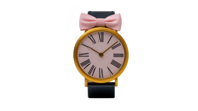 Gold round wristwatch with Roman numerals, black leather strap, and cute pink bow on top, creating playful and elegant accessory for stylish fashion lovers
