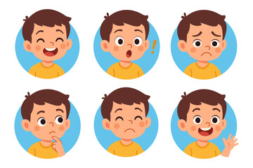 Set of Little Boy Face Avatars with 6 Different Emotions - Child Cartoon Expression Icons, Kids Moods Illustration