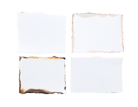 set of four torn paper squares arranged neatly on white background, high detail