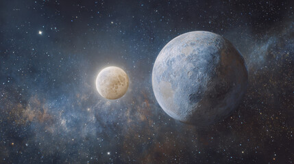 Fototapeta premium Serene fantasy illustration of planet, moon, and star in vast galaxy. deep space universe background creates beautiful night scene