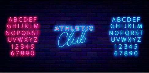 Athletics club with lettering. Fitness neon label. Gym sports club. Shiny emblem. Vector stock illustration