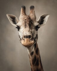 Obraz premium Close-up of a Majestic Giraffe Against a Textured Background Displaying Its Unique Features