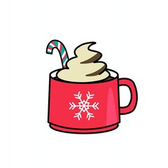 hot cocoa drink with whipped cream and straw flat illustration 