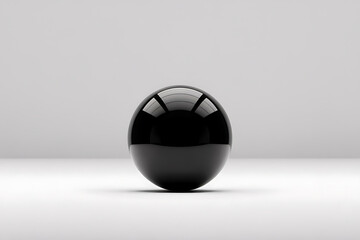 Sleek black sphere rests on a plain surface, reflecting light in a minimalist composition.