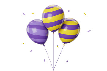 Obraz premium Striped balloons in purple and yellow float upwards, celebrating a joyful, festive atmosphere.