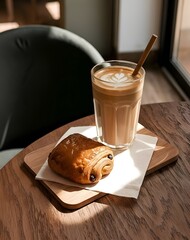 Steaming coffee cup on wooden table in cozy cafe. Latte art in cappuccino coffee cup at cafe table.bakery and sweet cakes desserts, generative ai