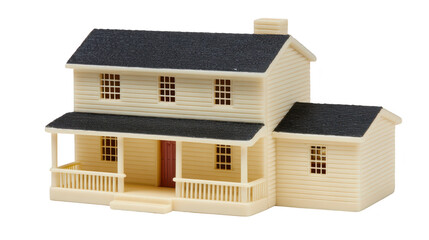 Model house plastic miniature architecture beige black roof porch windows residential isolated home real estate property building suburban detailed scale toy structure family investment design