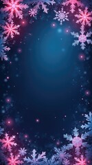 Winter-themed illustration featuring delicate snowflakes and shimmering lights on a deep blue background, creating a festive and enchanting atmosphere with copy space