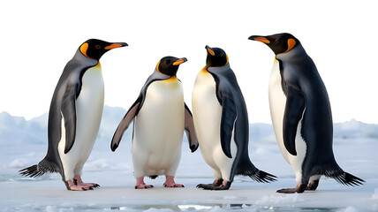 Fototapeta premium Group of penguins stand proudly on icy terrain, displaying striking black and white plumage.