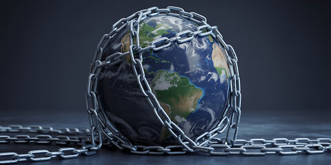 Earth bound by heavy chains, symbolizing restriction, environmental concerns, and global limitations.