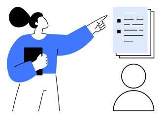 Person pointing to a checklist with bullet points while holding a document, indicating communication, education, or task delegation. Ideal for education, training, teamwork, presentation
