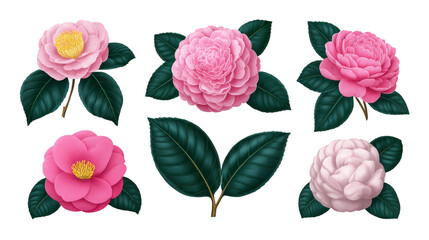 Pink camellia flower green leaf botanical illustration realistic isolated blooming nature garden decorative elegant detailed romantic spring floral fresh vibrant soft petal arrangement natural